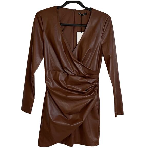 Zara Faux Leather Mini Dress NWT Brown Surplice V-Neck Ruched Long Sleeves Sz M - Picture 3 of 12